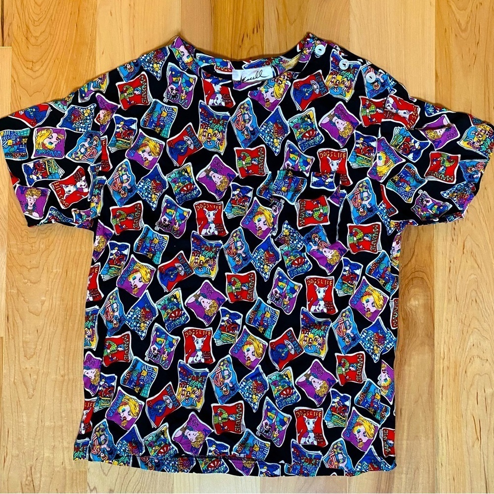 Vintage Silk A Encell Los Angeles Black Multicolor Magazine Short Sleeve Blouse